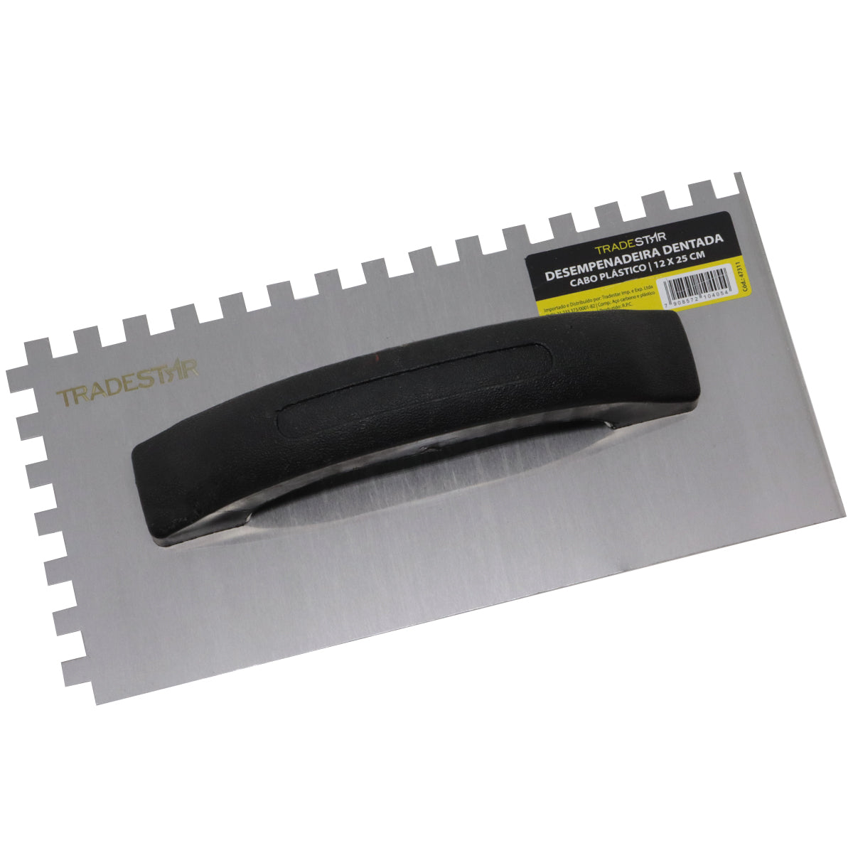 Desempenadeira de aço dentada Tradestar com 22 dentes, 25x12cm, cabo plástico, ideal para aplicação de argamassa e revestimentos em construção e reformas.