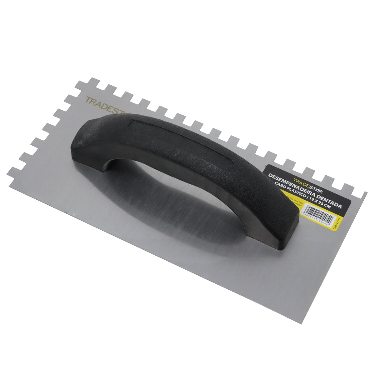 Desempenadeira de aço dentada Tradestar com 22 dentes, 25x12mm, cabo plástico. Ferramenta para aplicação de argamassa e revestimentos em construção e reforma.