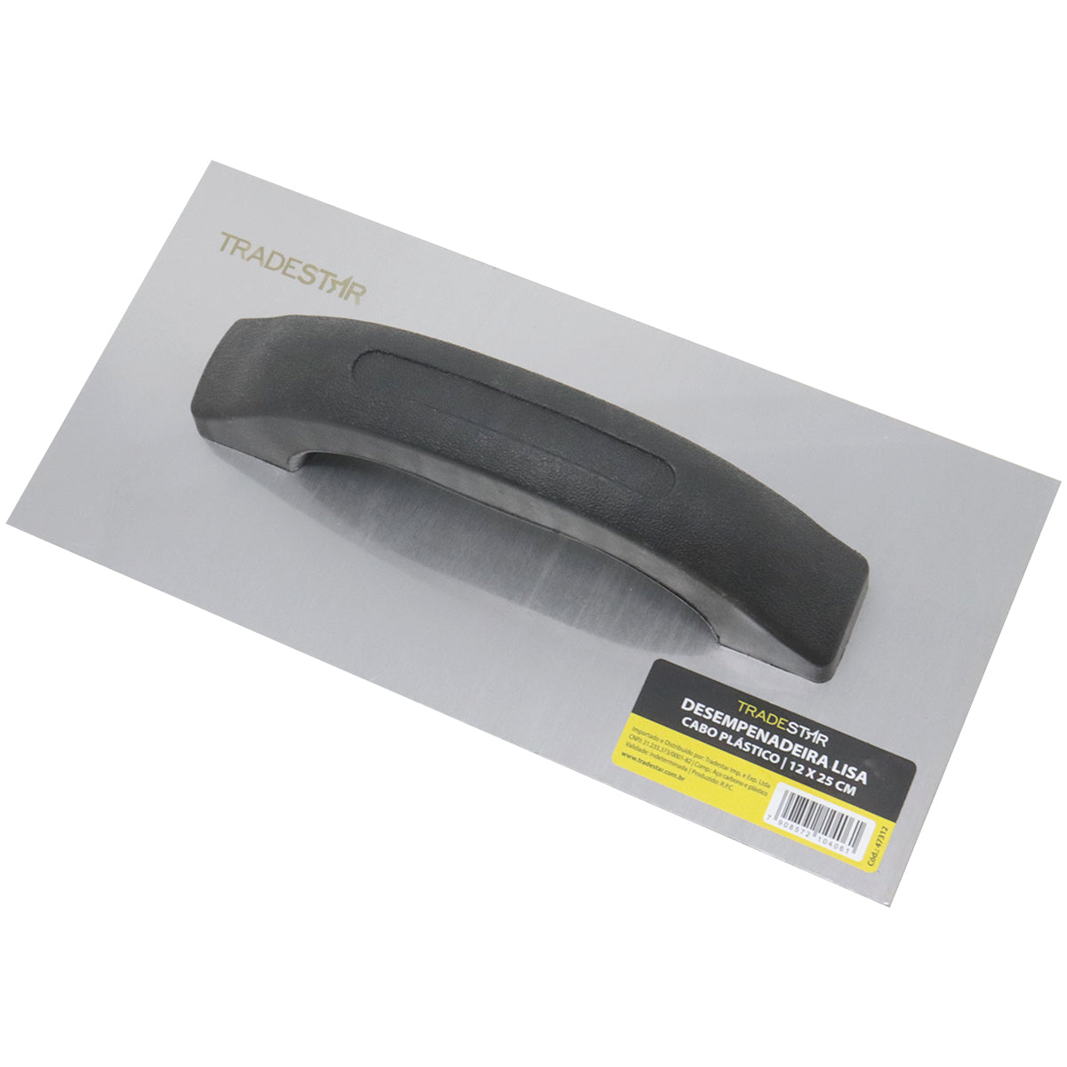 Desempenadeira de aço lisa 25x12cm com cabo plástico Tradestar, ideal para construção e acabamento. Ferramenta para aplicar, nivelar e alisar argamassa, reboco e outros revestimentos. Garante acabamento liso e uniforme.