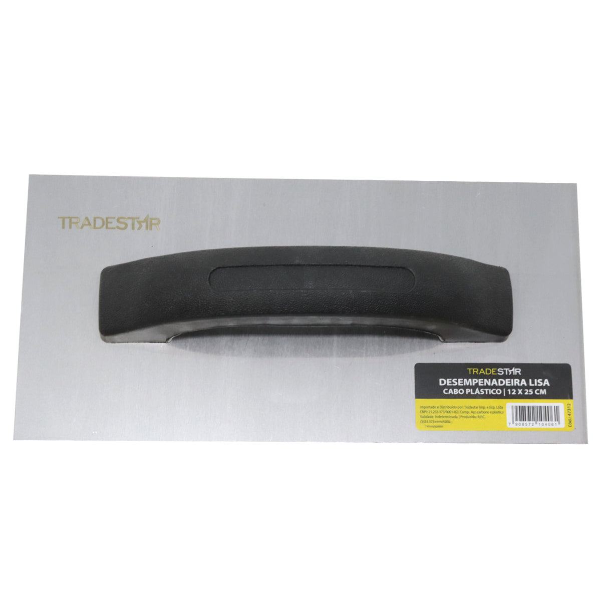 Desempenadeira de aço lisa 25x12cm com cabo plástico Tradestar, ideal para construção e acabamento. Ferramenta para aplicar, nivelar e alisar argamassa, reboco e outros revestimentos. Garante acabamento liso e uniforme. Compre agora!