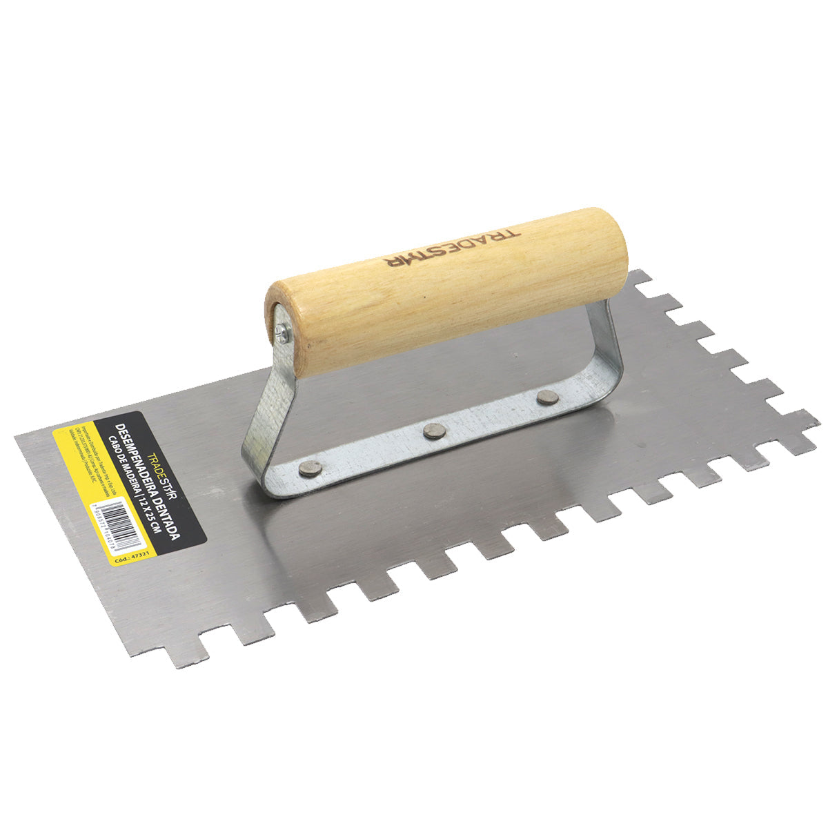 Desempenadeira de aço dentada 10mm 12x25cm Tradestar com cabo de madeira, ideal para aplicação de argamassa e revestimentos. Ferramenta de construção e reforma para acabamentos texturizados e distribuição uniforme de materiais.