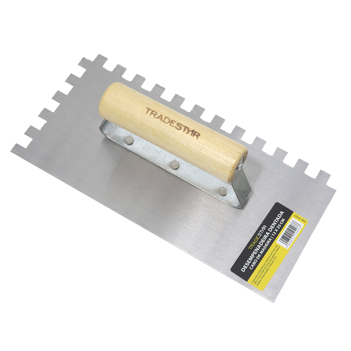 Desempenadeira de aço dentada 10mm 12x25cm Tradestar com cabo de madeira, ideal para aplicação de argamassa e revestimentos. Ferramenta de construção para acabamentos texturizados e distribuição uniforme de materiais. Perfeita para profissionais e projetos de bricolagem.