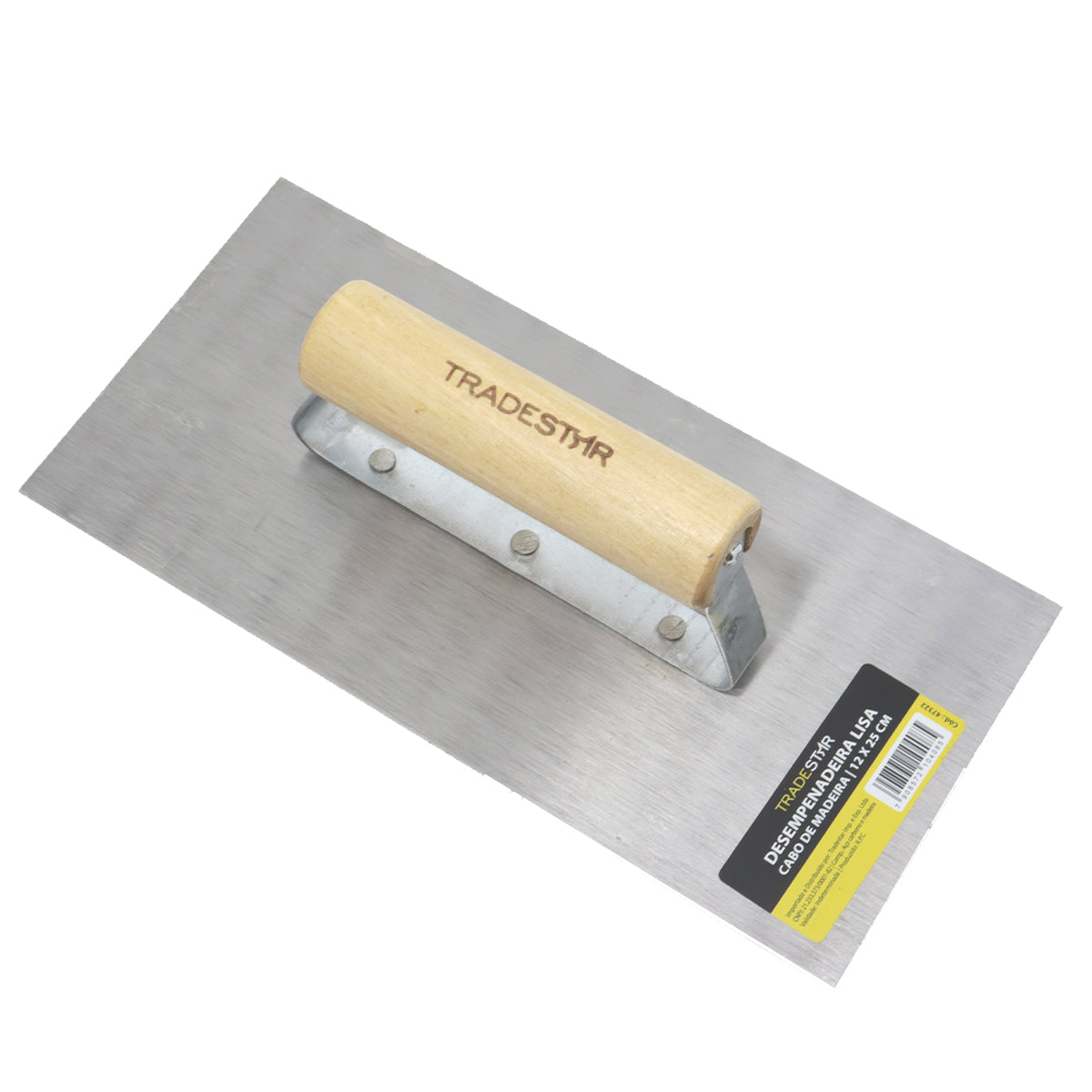 Desempenadeira de aço lisa Tradestar 12x25cm com cabo de madeira, ideal para construção e acabamento em superfícies de reboco, argamassa, gesso e outros revestimentos. Ferramenta leve e eficiente para resultados lisos e uniformes.