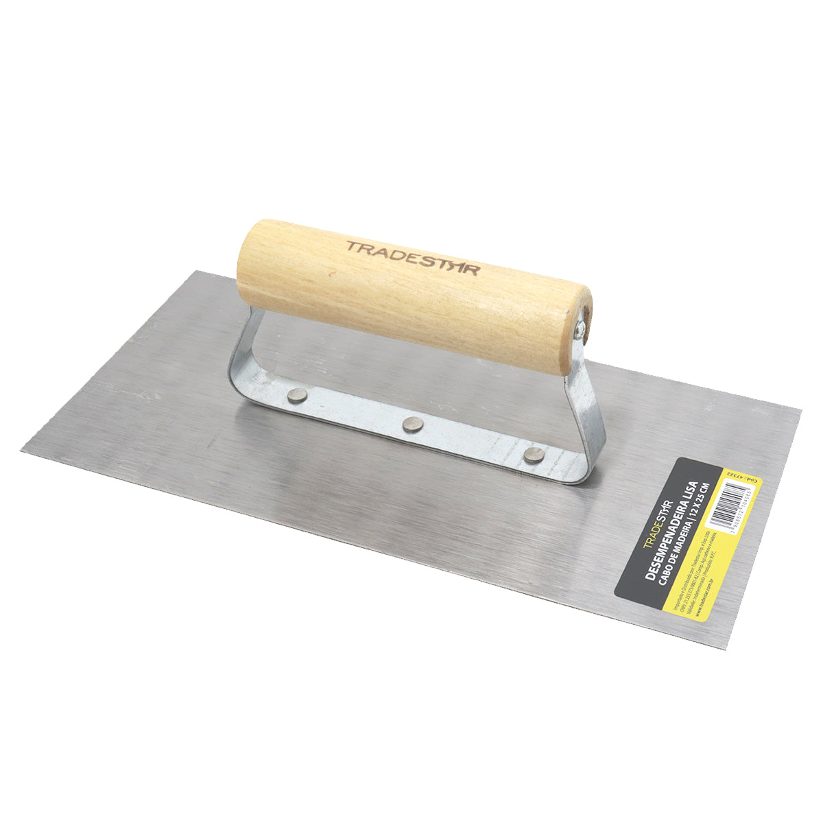 Desempenadeira de aço lisa 12x25cm com cabo de madeira Tradestar, ideal para construção e acabamento em superfícies de reboco, argamassa, gesso e outros revestimentos. Ferramenta leve e eficiente para acabamentos lisos, texturizados ou marmorizados. Garante distribuição uniforme e remove irregularidades. Produto novo com garantia.