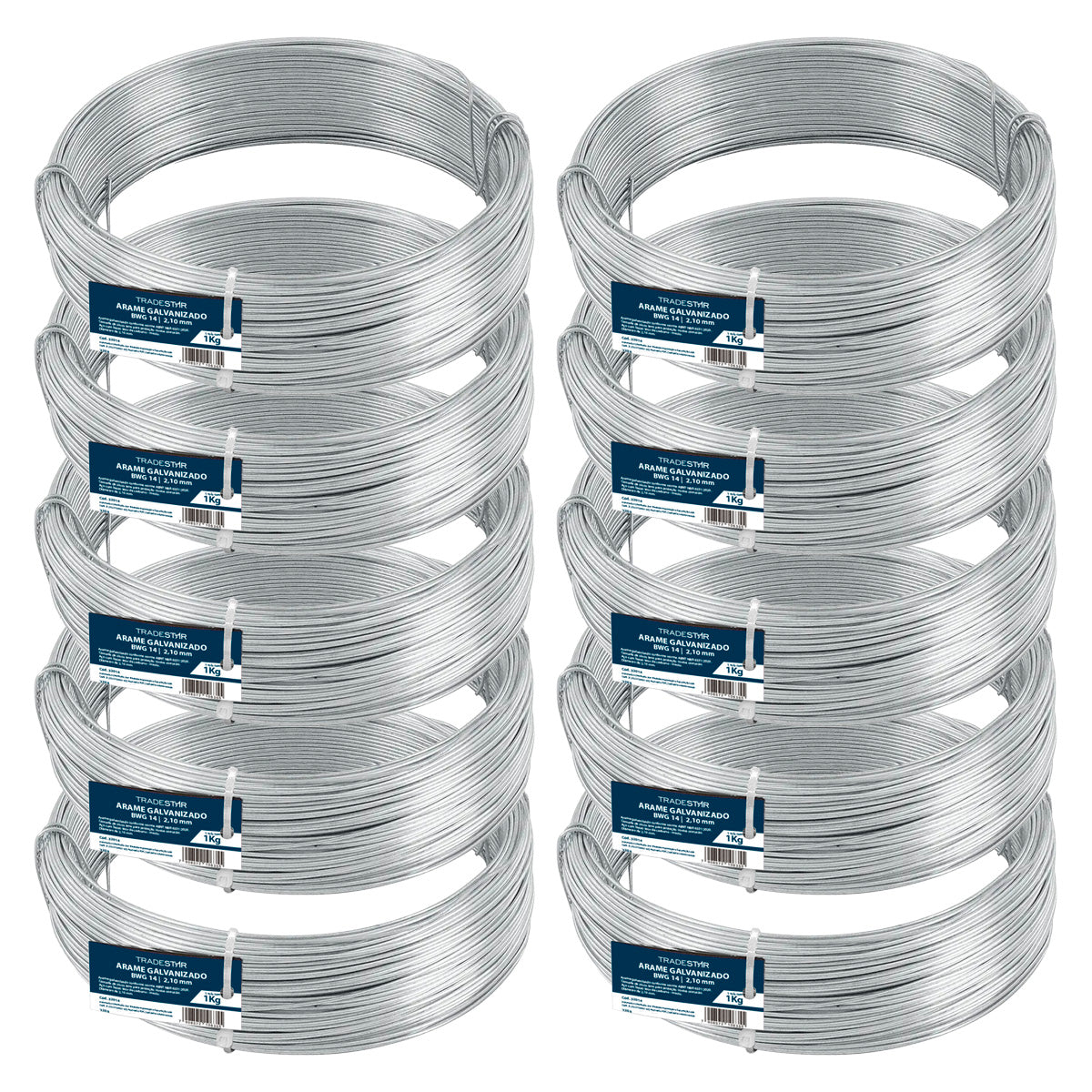 Kit com 10 rolos de arame galvanizado Nº14 BWG 14 Tradestar, fio 2,10mm liso, 1kg cada. Ideal para construção civil, jardinagem, artesanato e fixações diversas. Arame resistente à corrosão, flexível e com acabamento liso.