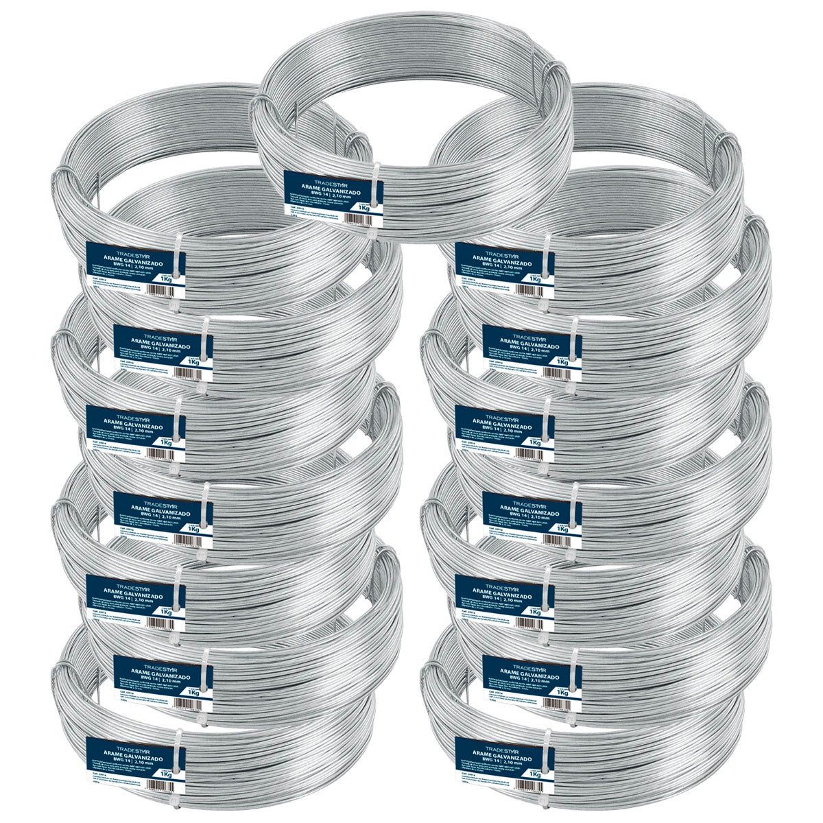 Kit com 15 rolos de arame galvanizado Nº14 BWG 14 Tradestar, fio 2,10mm liso, 1kg cada. Ideal para construção civil, jardinagem, artesanato e fixações diversas. Arame resistente à corrosão, flexível e com acabamento liso.