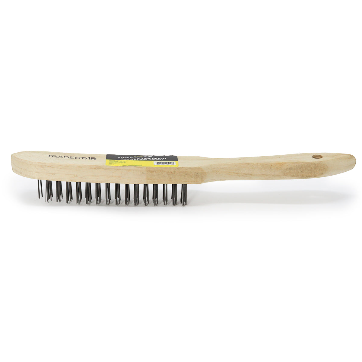 Escova de aço Tradestar para limpeza de grelhas e remoção de ferrugem, com 3 fileiras de cerdas e cabo de madeira ergonômico. Ideal para uso doméstico e projetos de bricolagem.