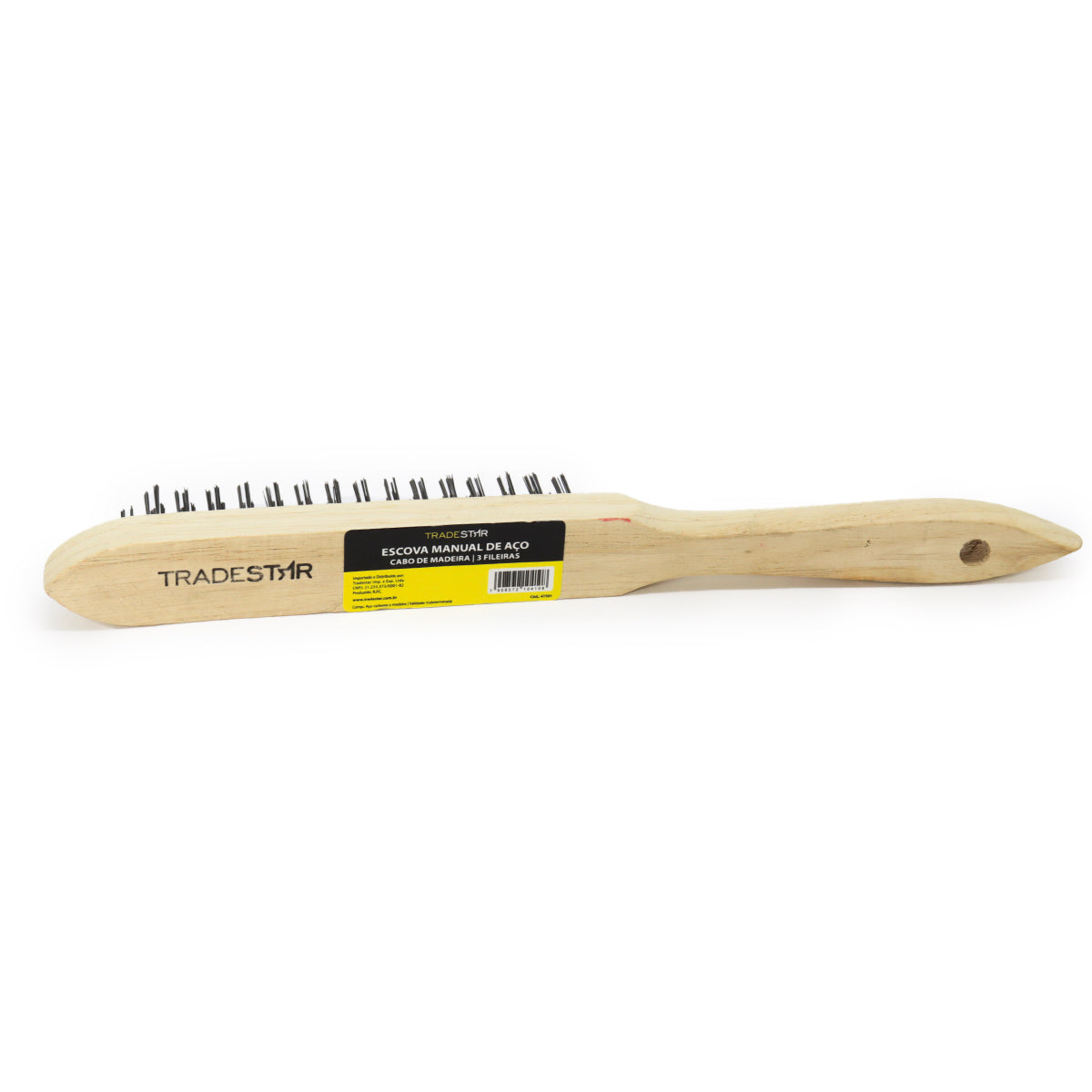 Escova de Aço Limpa Grelha Ferrugem Tradestar com 3 fileiras e cabo de madeira, ideal para limpeza e remoção de ferrugem em churrasqueiras, grelhas e superfícies diversas. Ferramenta resistente e durável para uso doméstico e projetos de bricolagem.