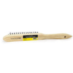 Escova de Aço Limpa Grelha Ferrugem Tradestar com 3 fileiras e cabo de madeira, ideal para limpeza e remoção de ferrugem em churrasqueiras, grelhas e superfícies diversas. Ferramenta resistente e durável para uso doméstico e projetos de bricolagem.