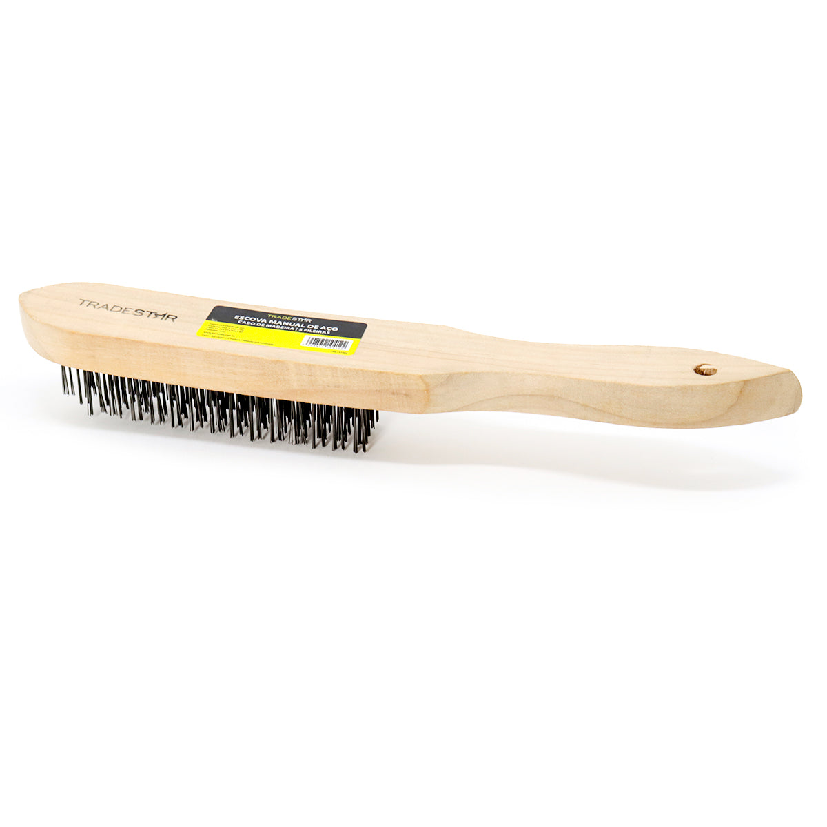 Escova de aço para limpeza de grelha de churrasqueira Tradestar com 5 fileiras e cabo de madeira. Ideal para remover sujeira e ferrugem, revitalizar metais e para uso doméstico e projetos de bricolagem.