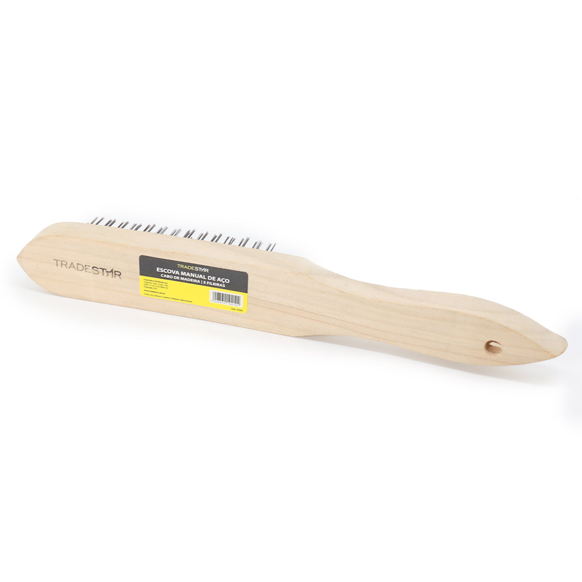 Escova de aço para limpeza de grelha e churrasqueira Tradestar com 5 fileiras e cabo de madeira. Ideal para remover sujeira e ferrugem, restaurando superfícies. Ferramenta de limpeza manual resistente e eficiente para uso doméstico e projetos de bricolagem.