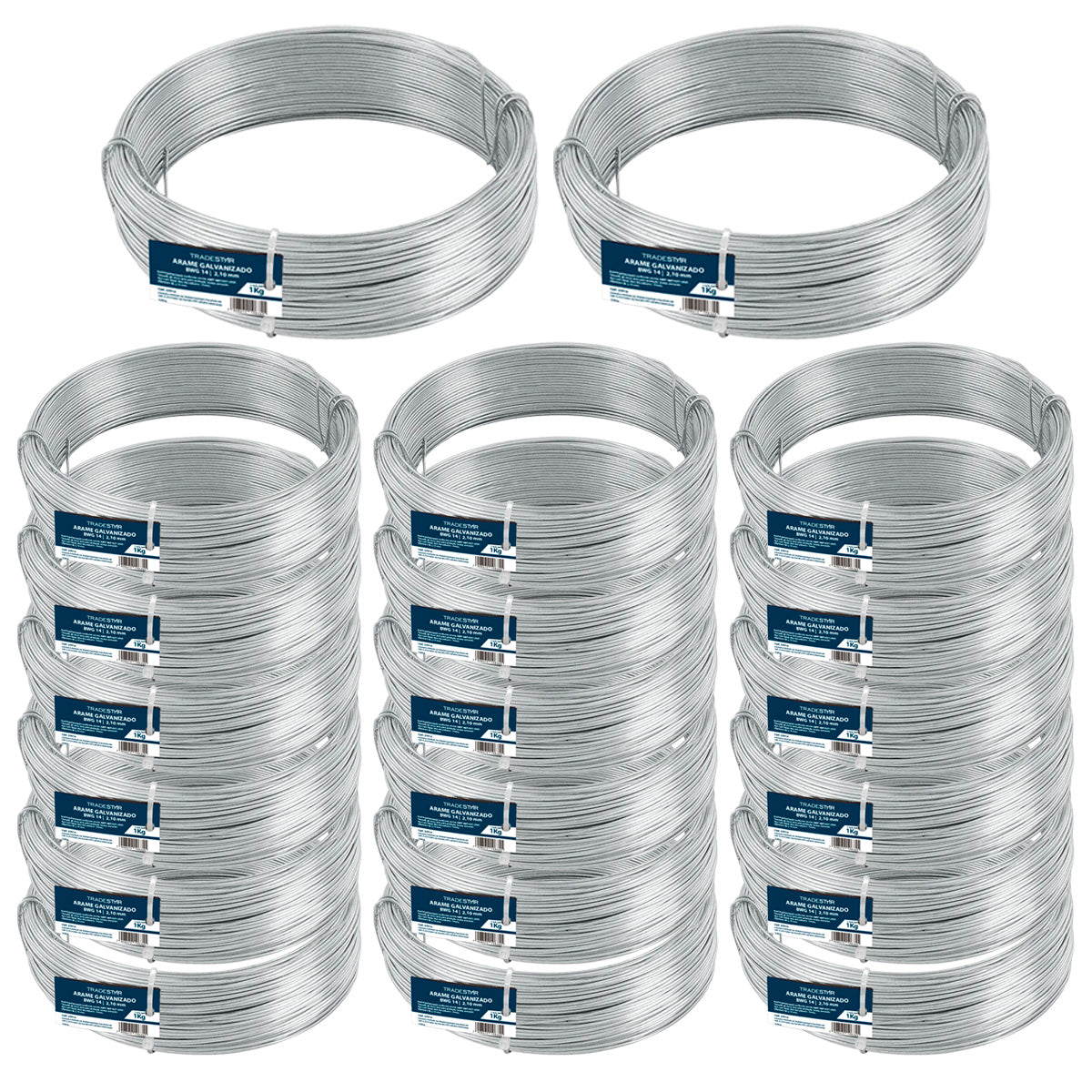 Kit com 20 rolos de arame galvanizado Nº14 BWG 14 Tradestar, fio 2,10mm liso, 1kg cada. Ideal para construção civil, jardinagem, artesanato e fixações diversas. Arame resistente à corrosão, flexível e com acabamento liso. Compre agora e garanta qualidade e durabilidade para seus projetos.