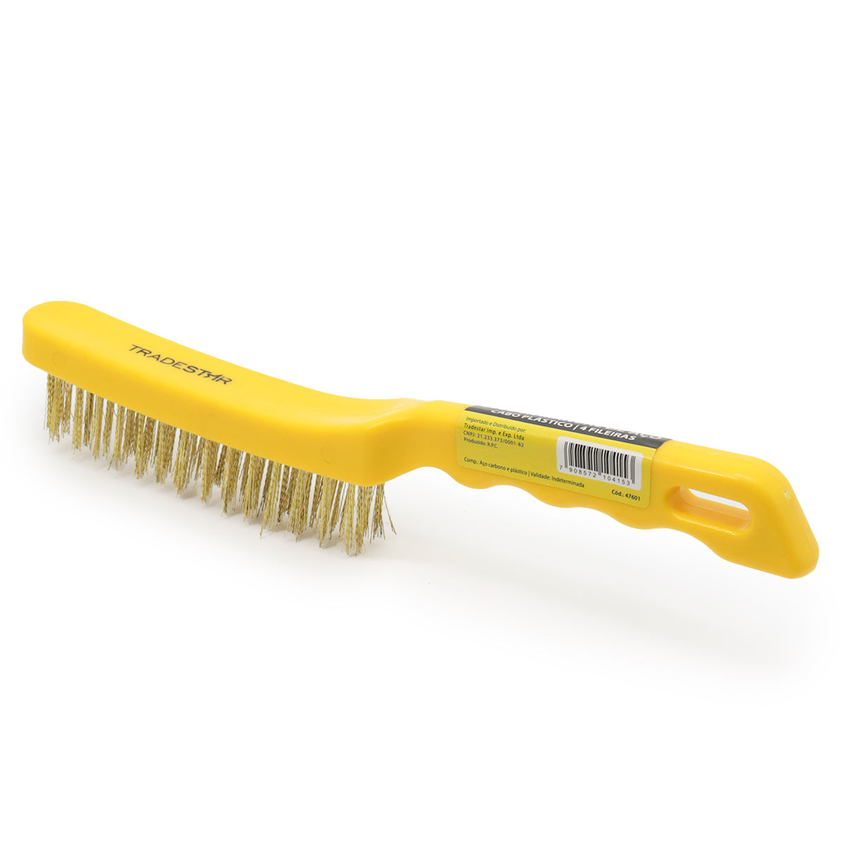 Escova de aço para limpeza pesada Tradestar, ideal para churrasqueira. Possui cerdas de aço carbono duráveis e cabo plástico ergonômico. Perfeita para remover ferrugem e limpar grelhas.