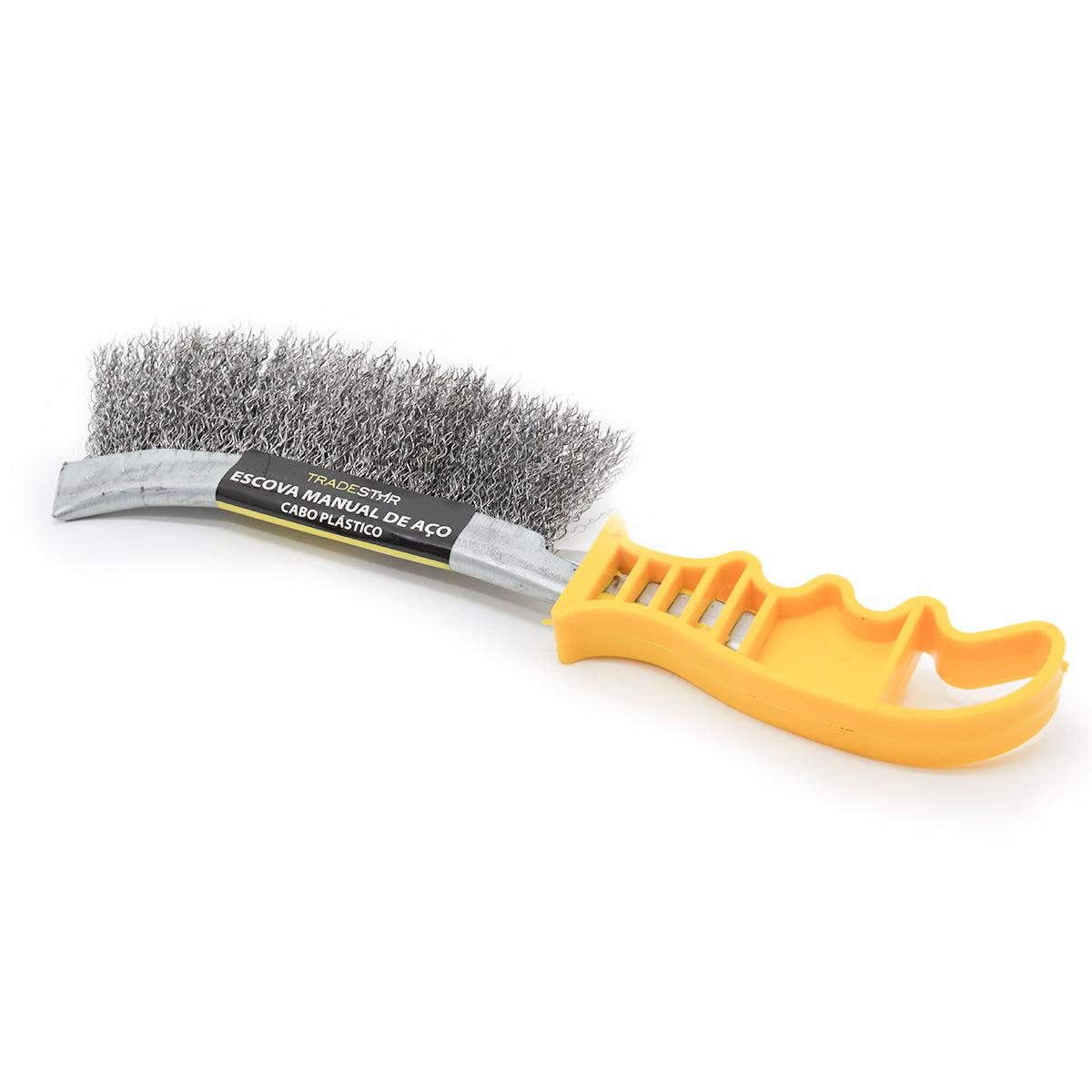 Escova de aço latonado Tradestar para limpeza pesada, com cabo plástico amarelo. Ideal para churrasqueira e diversas superfícies, remoção de ferrugem e limpeza de peças metálicas.