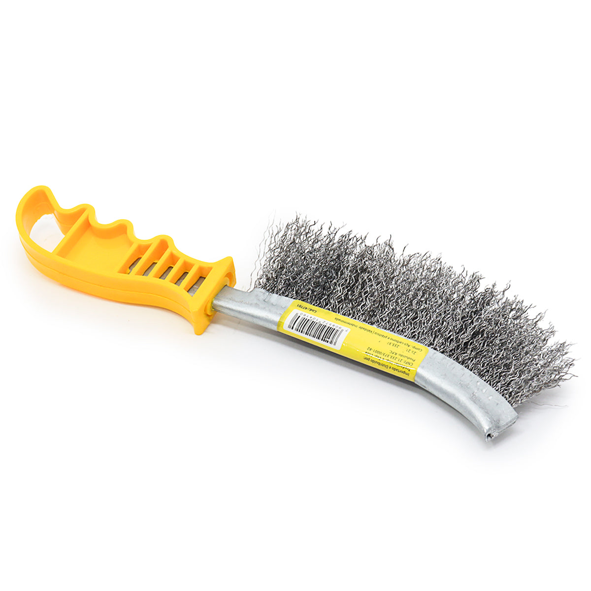 Escova de aço latonado Tradestar para limpeza pesada, com cabo plástico amarelo. Ideal para churrasqueira, remoção de ferrugem e limpeza de superfícies diversas. Ferramenta durável e eficaz para uso doméstico e profissional.