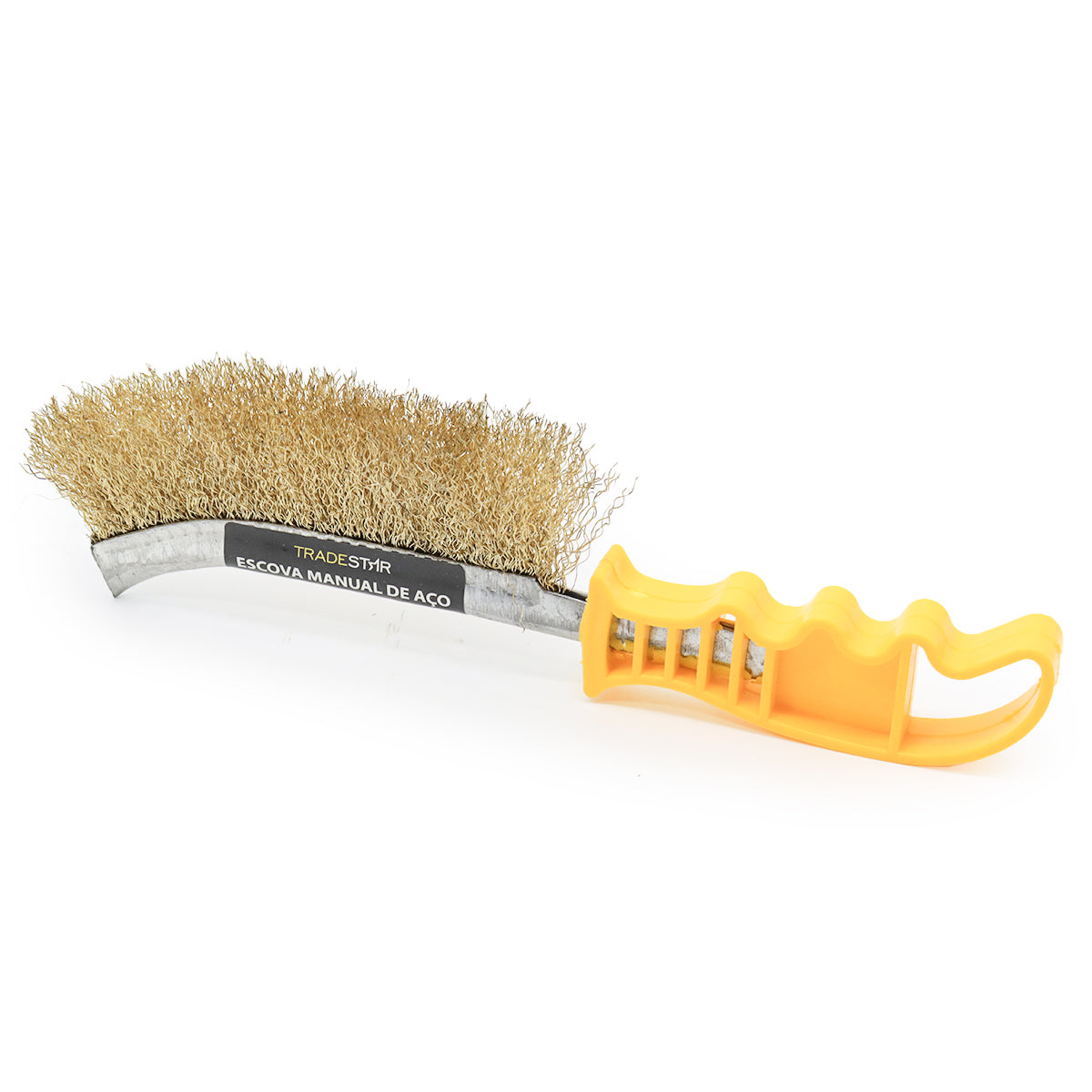 Escova de aço latonado com cabo ergonômico amarelo para limpeza de ferrugem, grelhas de churrasqueira e remoção de tinta. Ferramenta manual resistente e durável para uso doméstico e industrial.