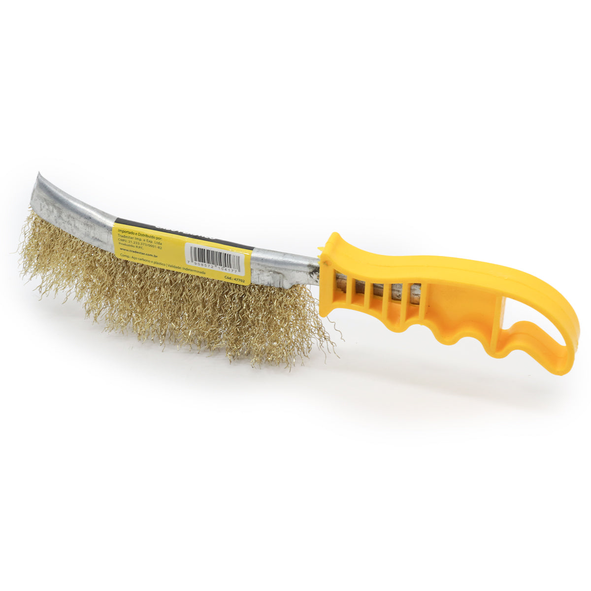 Escova de aço latonado com cabo amarelo para limpeza de ferrugem, grelhas de churrasqueira e remoção de tinta. Ferramenta resistente e durável para uso doméstico e industrial.