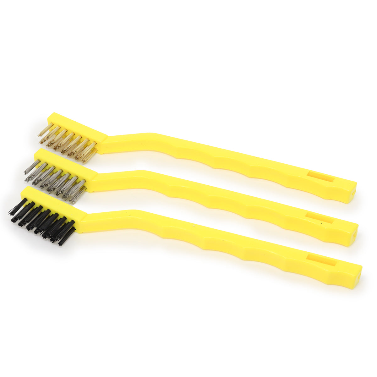 Kit 3 escovas de limpeza manuais com cabo, sendo uma de aço, uma de nylon e uma de latão, ideal para limpeza de diversas superfícies.