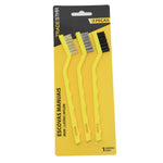 Kit 3 escovas de limpeza manuais com cerdas de aço, nylon e latão, com cabos amarelos, ideal para limpeza de diversas superfícies. Inclui escovas de aço inox, latão e nylon para diferentes aplicações. Perfeito para limpeza manual.