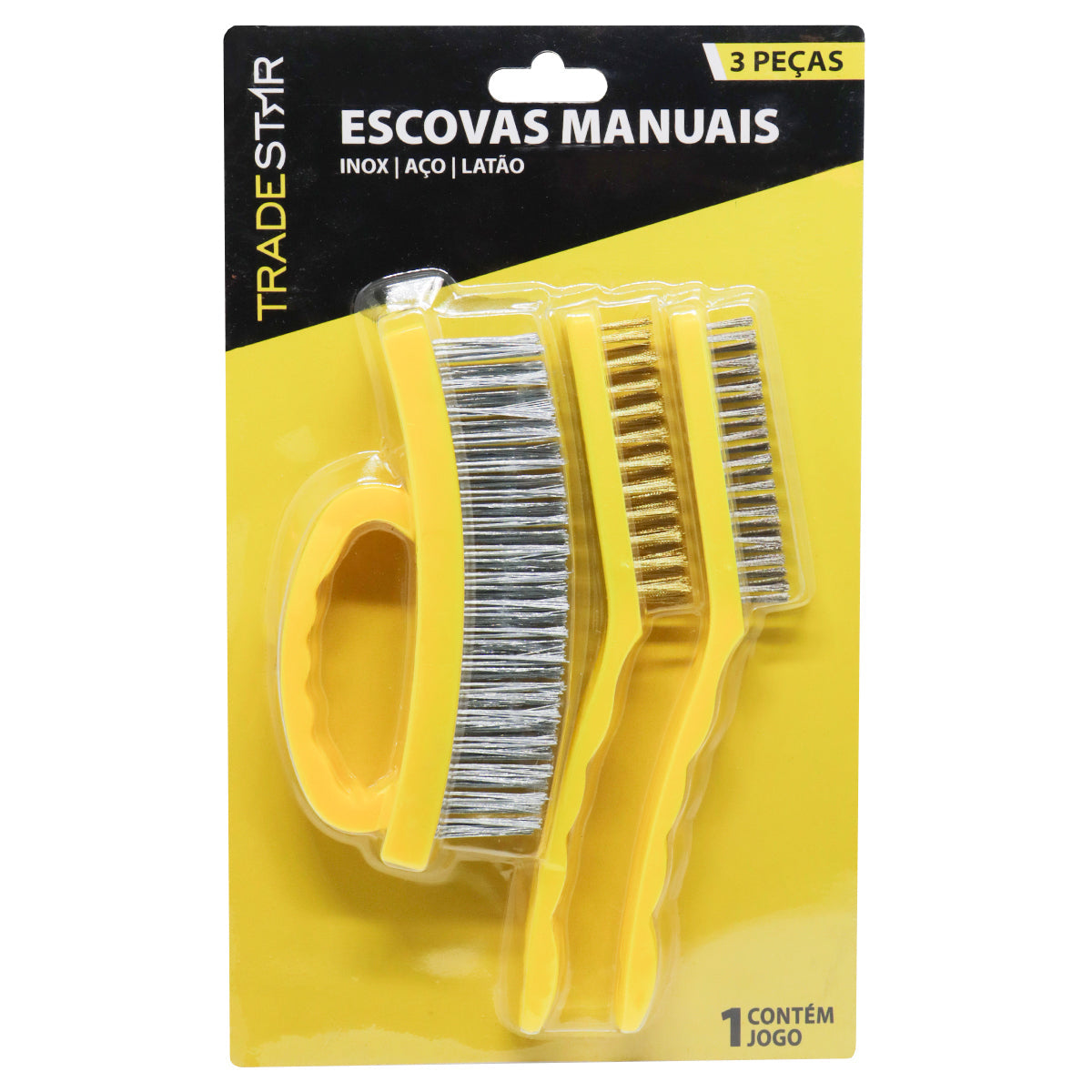 Jogo de Escovas de Aço Manual Tradestar com 3 peças (aço, latão e inox) para limpeza e preparação de superfícies. Ideal para remoção de ferrugem, limpeza delicada e preparação para pintura.