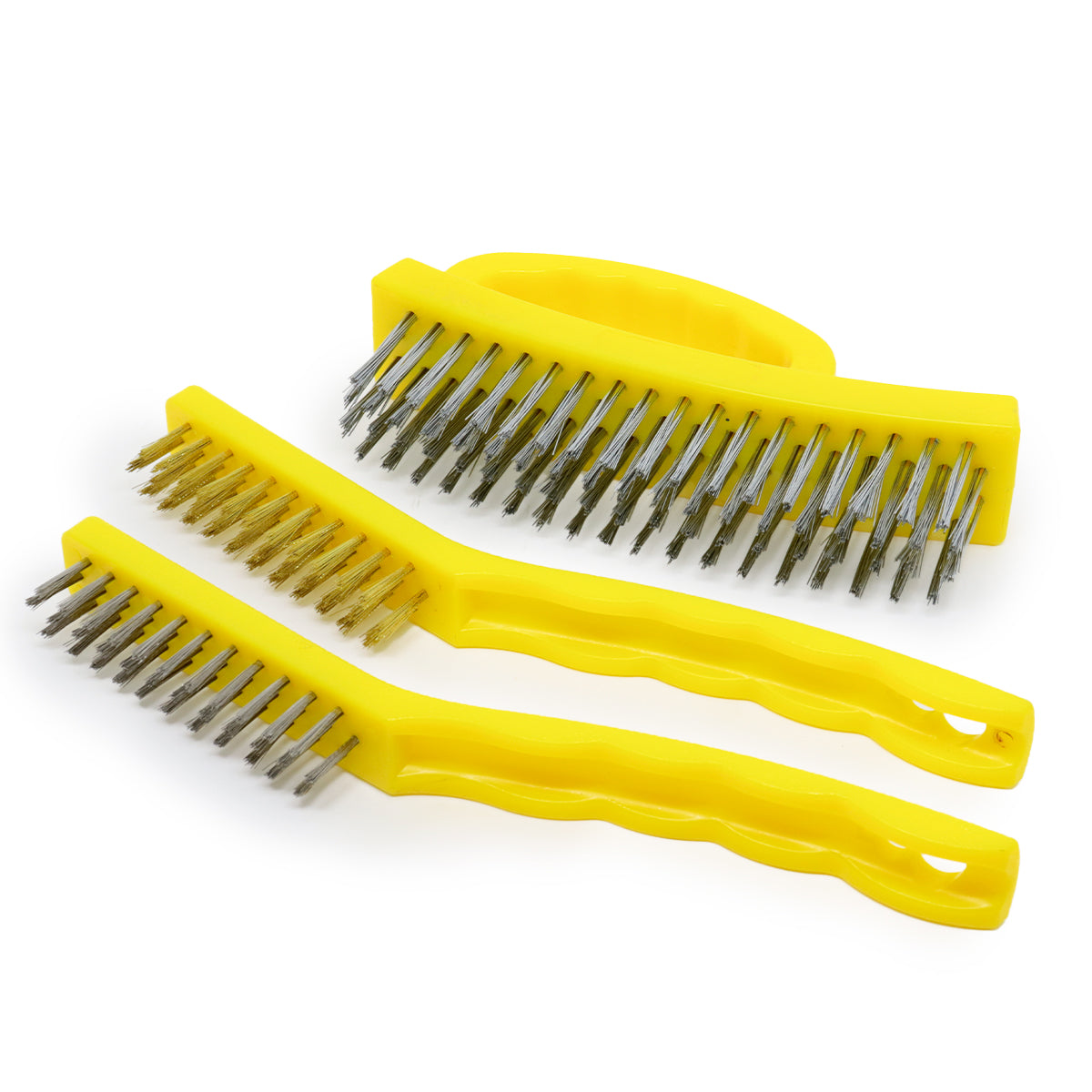 Jogo de Escovas de Aço Manual Tradestar com 3 peças: aço, latão e inox. Ideal para limpeza pesada, delicada e preparação de superfícies. Ferramenta versátil para manutenção e restauração.