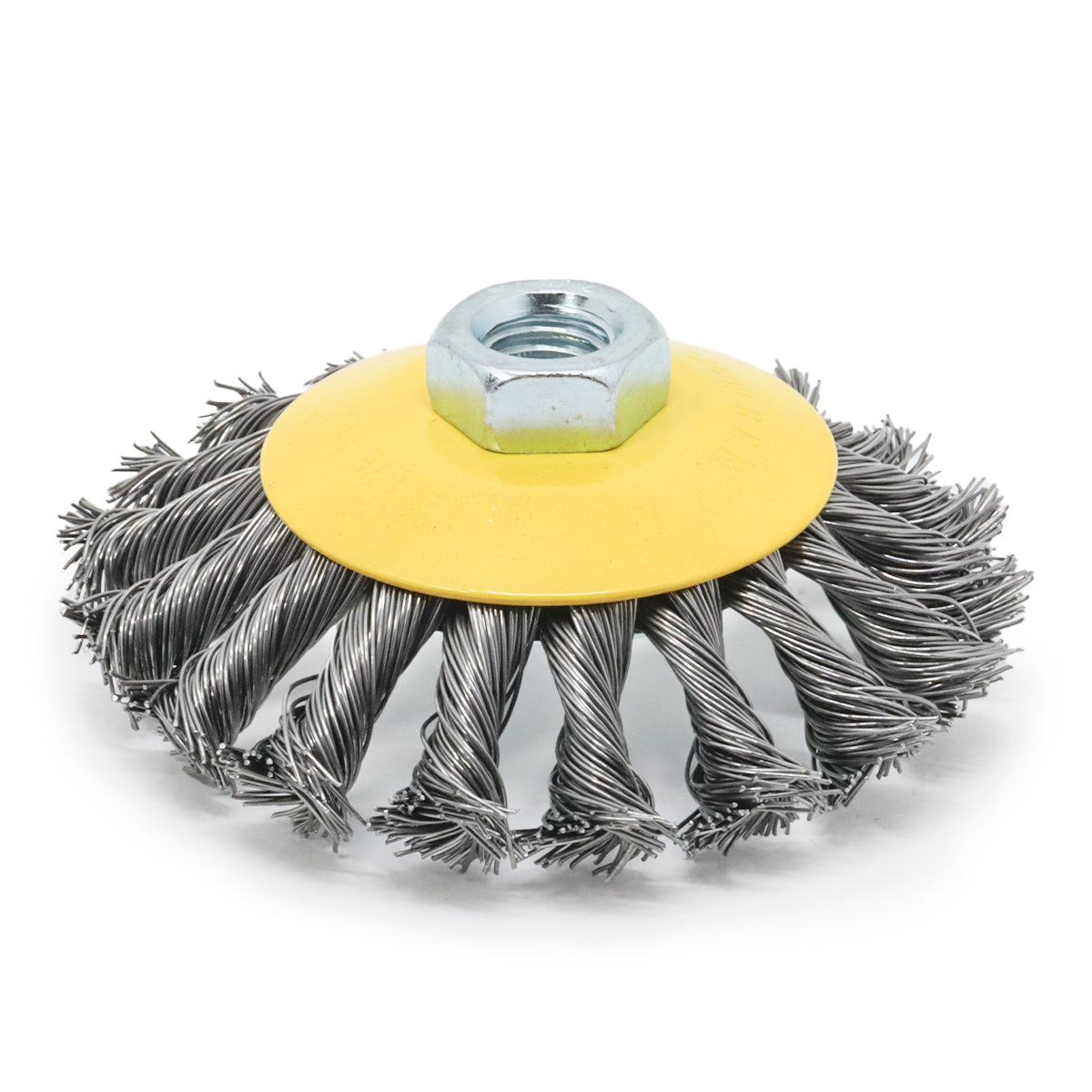 Escova Cônica de Aço Carbono Copo M14 4" Torcido para Esmerilhadeira - Ideal para esmerilhamento, remoção de ferrugem e preparação de superfícies. Ferramenta resistente e eficiente para uso profissional e doméstico.