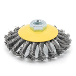 Escova Cônica de Aço Carbono Copo M14 4" Torcido para Esmerilhadeira - Ideal para esmerilhamento, remoção de ferrugem e preparação de superfícies. Ferramenta resistente e eficiente para uso profissional e doméstico.