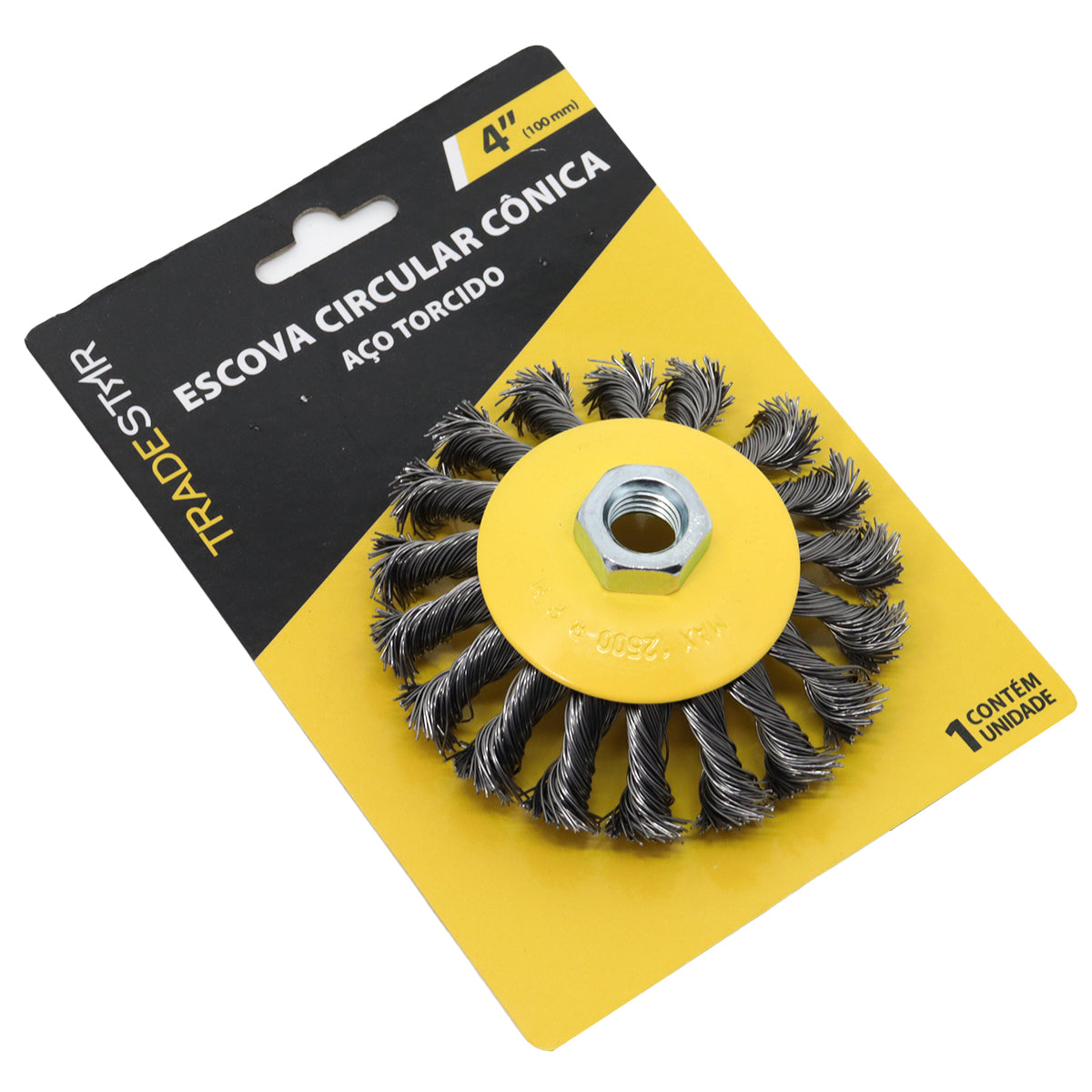 Escova Cônica de Aço Carbono Copo M14 4" Torcido Tradestar para esmerilhadeira, ideal para limpeza pesada, remoção de ferrugem e preparação de superfícies. Ferramenta robusta com cerdas torcidas para ação agressiva e eficiente.
