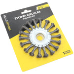 Escova de Aço Torcido Circular Rotativa Trançada 4.1/2 115mm para limpeza e remoção de ferrugem, oxidação e resíduos em superfícies. Ferramenta rotativa com aço de alta qualidade, ideal para uso em ferramentas de 115mm. Marca Tradestar.