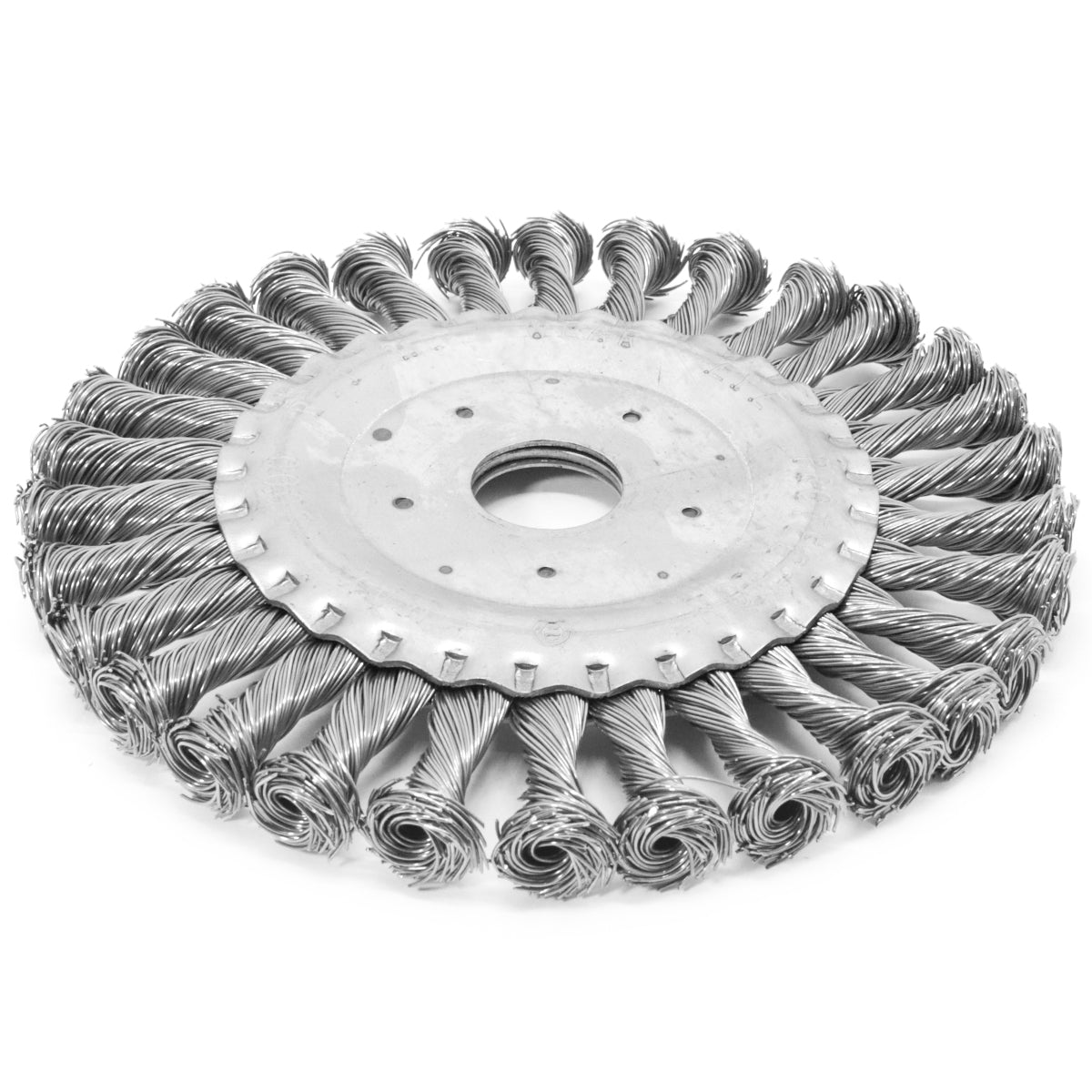 Escova de Aço Circular Rotativa Trançada 6" 150mm para limpeza e preparação de superfícies. Remove ferrugem, tinta e resíduos, ideal para uso em motoesmeril. Furo 22,23mm, espessura 12,7mm, diâmetro 150mm. Ferramenta de alta durabilidade para limpeza de peças em geral.