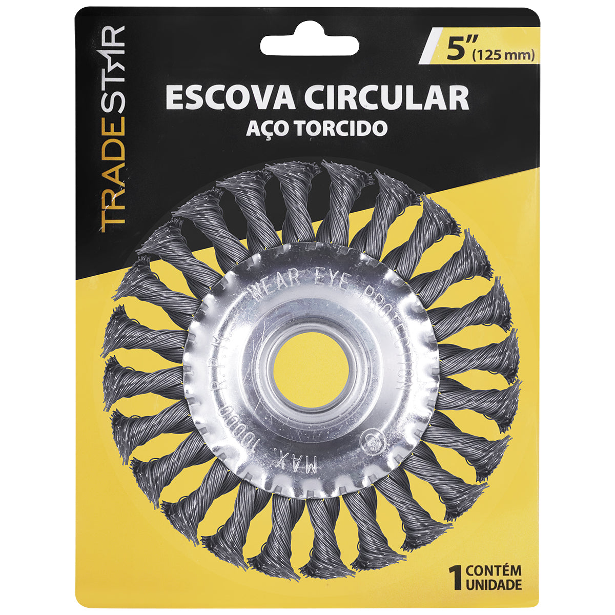 Escova de Aço Industrial Fio Torcido 5 Polegadas (125mm) Tradestar para esmerilhadeira, ideal para limpeza de metal, remoção de ferrugem e solda. Escova circular de alta durabilidade para uso em oficinas e indústrias.