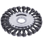 Escova de aço industrial fio torcido 5 polegadas (125mm) para esmerilhadeira, ideal para remoção de ferrugem, limpeza de metal e solda. Escova circular Tradestar com alta durabilidade e eficiência.