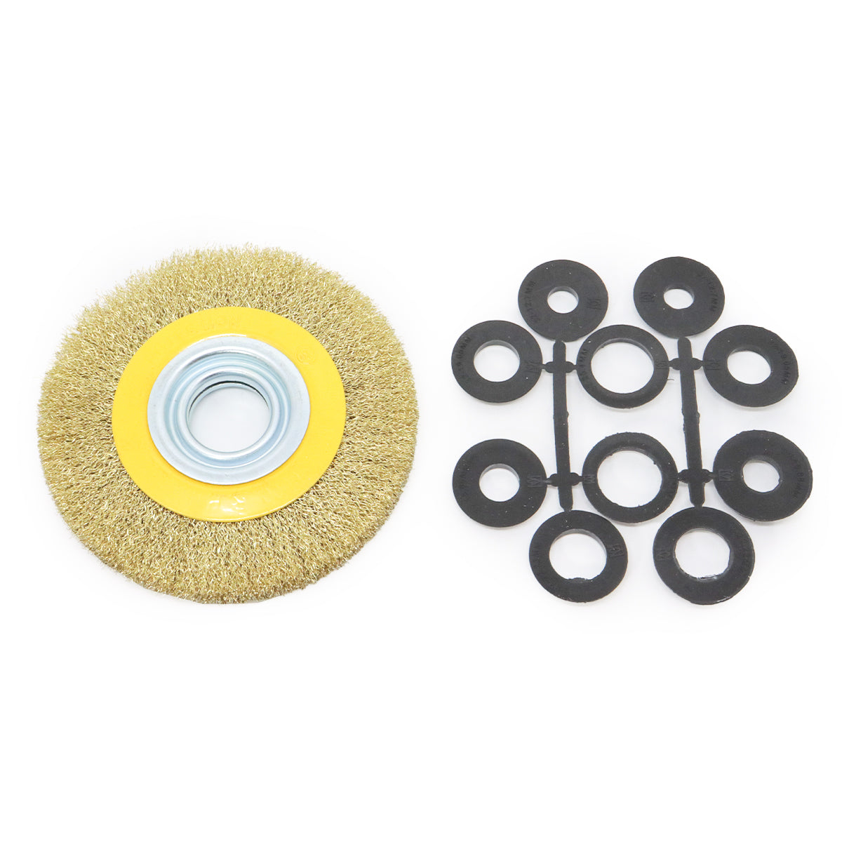 Escova de Aço Circular 6 X 1/2” Tradestar para motor esmeril, ideal para remoção de ferrugem e limpeza de peças. Acompanha buchas de redução para diferentes tamanhos de eixo. Ferramenta de alta durabilidade e eficiência para uso profissional.