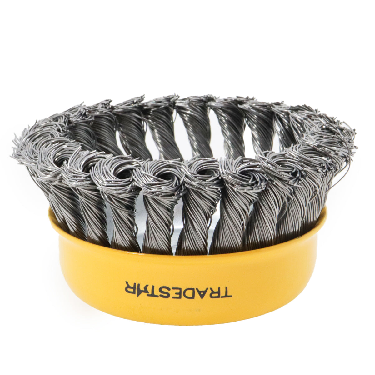 Escova de Aço Carbono Circular 64 mm Tradestar para esmerilhadeira, ideal para remover ferrugem, tintas e resíduos. Ferramenta de aço torcido resistente para limpeza e acabamento de superfícies.