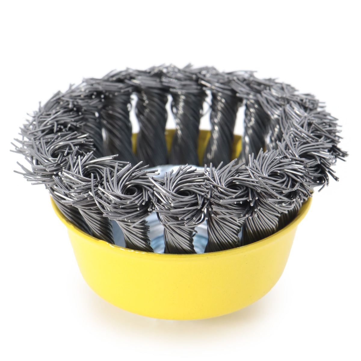 Escova de Aço Carbono Copo Torcida 75mm Amarela Tradestar para Esmerilhadeira - Ideal para limpeza e acabamento em diversas superfícies. Possui rosca M14 e cerdas torcidas para maior eficiência.
