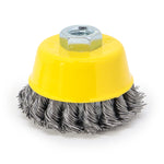 Escova de aço carbono tipo copo torcida 75mm amarela para esmerilhadeira, rosca M14 Tradestar - Ferramenta para limpeza e acabamento em diversas superfícies, ideal para uso profissional e bricolagem.