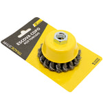Escova de aço carbono tipo copo torcida 75mm amarela Tradestar para esmerilhadeira, ideal para limpeza e acabamento em diversas superfícies. Possui rosca M14 e cerdas torcidas para maior eficiência.