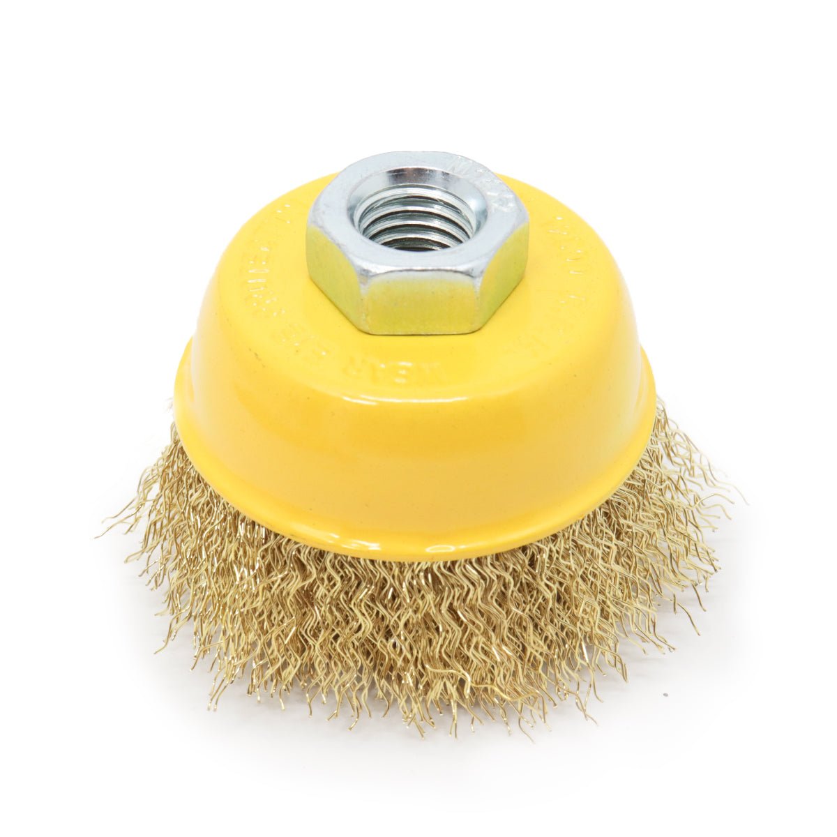 Escova Copo Aço Carbono Latonado 2.1/2" 64mm M14 Ondulada para esmerilhadeira, ideal para limpeza pesada, remoção de ferrugem e preparação de superfícies. Ferramenta de alta qualidade com design ondulado e encaixe M14.