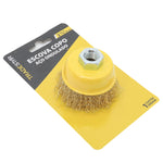 Escova Copo Aço Carbono Latonado 2.1/2" 64mm M14 Ondulada Tradestar - Ideal para limpeza pesada, remoção de ferrugem e preparação de superfícies. Ferramenta para esmerilhadeira angular, com design ondulado e durabilidade.