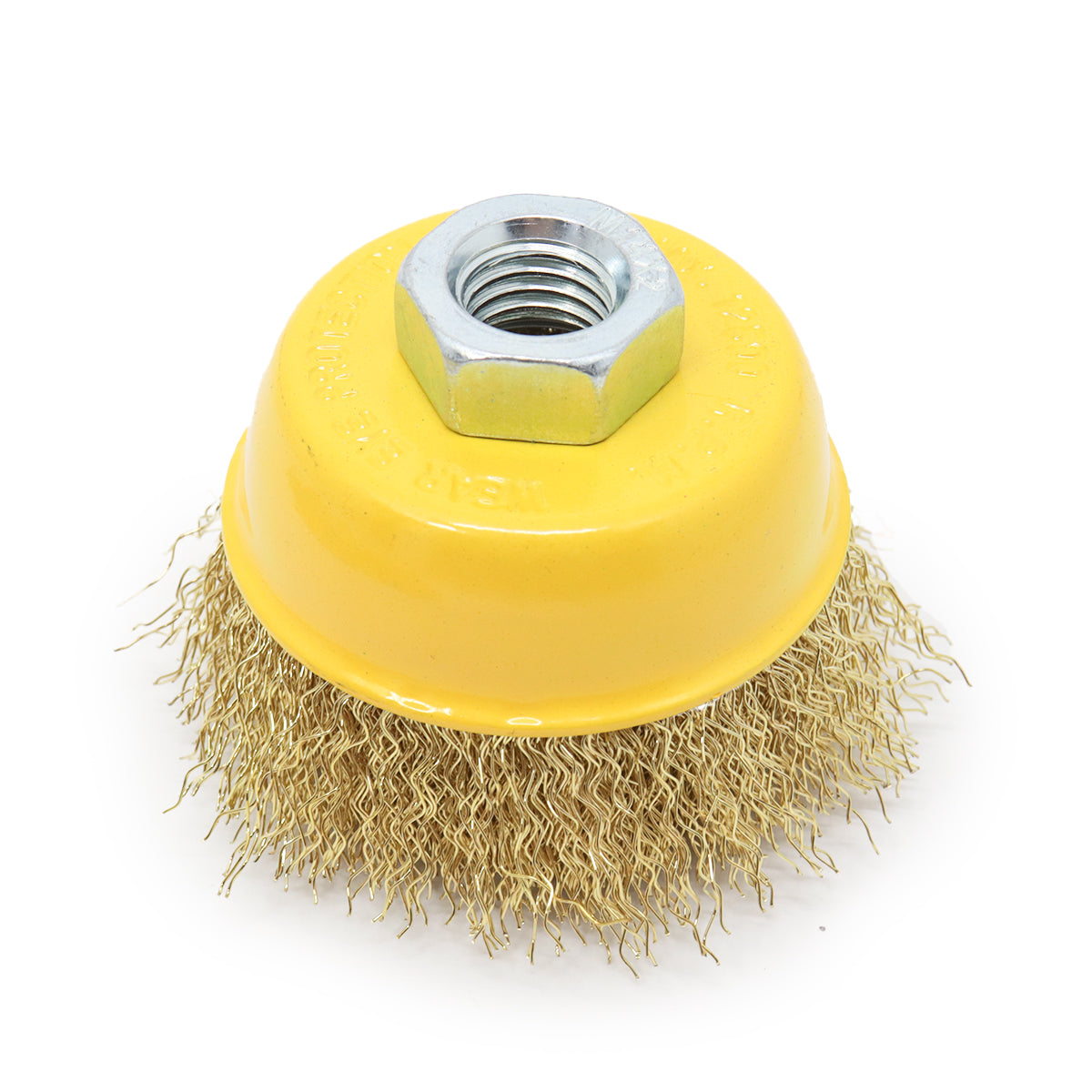 Escova Copo Aço Carbono Latonado 3" 75mm M14 Ondulada para esmerilhadeira, ideal para limpeza pesada, remoção de ferrugem e preparação de superfícies. Ferramenta resistente e eficiente para uso em metais.