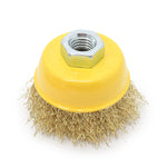 Escova Copo Aço Carbono Latonado 3" 75mm M14 Ondulada para esmerilhadeira, ideal para limpeza pesada, remoção de ferrugem e preparação de superfícies. Ferramenta resistente e eficiente para uso em metais.