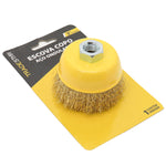 Escova Copo Aço Carbono Latonado 3" 75mm M14 Ondulada Tradestar para esmerilhadeira angular, ideal para limpeza pesada, remoção de ferrugem e preparação de superfícies. Ferramenta resistente e eficiente para trabalhos em metal.
