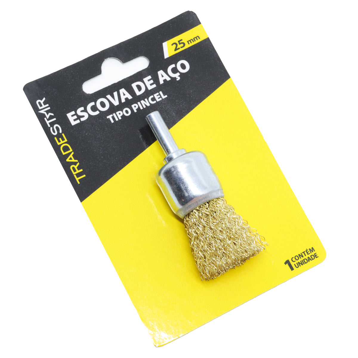 Escova de Aço Tipo Pincel Latonada 25mm Haste 1/4"x1" - Tradestar - Ferramenta para limpeza e preparação de superfícies, ideal para furadeiras. Remove resíduos, corrosão e tintas. Aço latonado de alta qualidade, durável e eficiente. Compre agora e garanta precisão em suas tarefas.