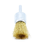 Escova de Aço Tipo Pincel Latonada 25mm Haste 1/4x1" para limpeza e preparação de superfícies. Ideal para furadeiras, remove resíduos, corrosão e tintas. Ferramenta de aço latonado durável e eficiente para uso profissional.