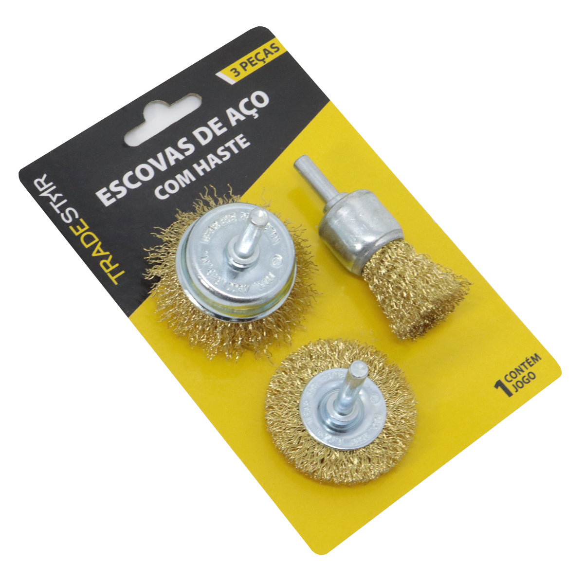 Jogo de escovas de aço Tradestar para furadeira com 3 peças: escova circular, escova copo e escova pincel. Ideal para limpeza, remoção de ferrugem e preparação de superfícies. Ferramenta para uso em furadeiras elétricas.