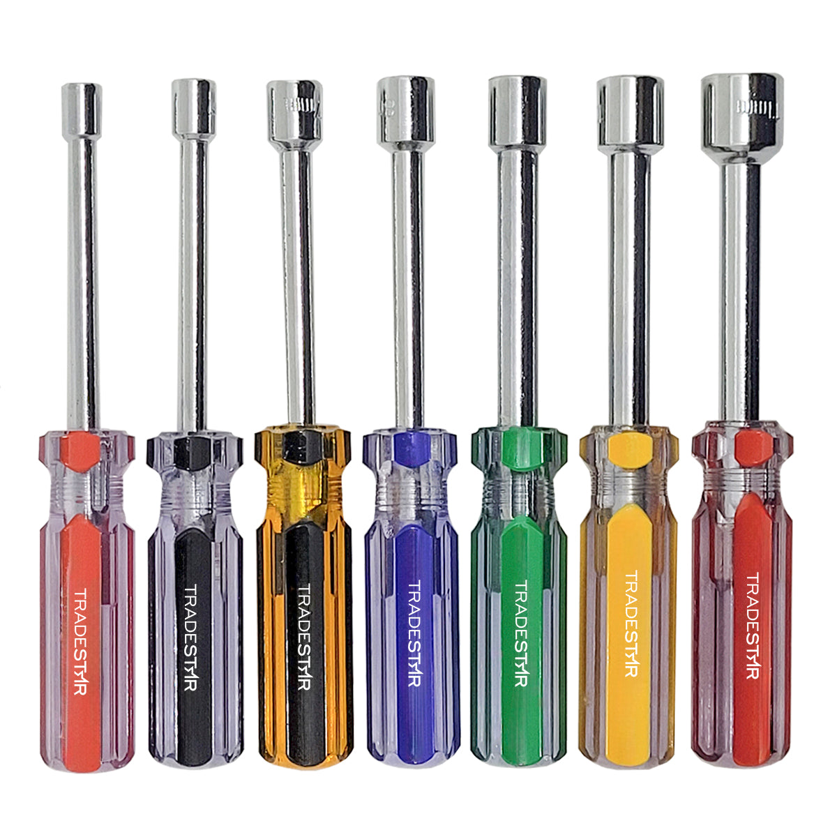 Kit Jogo Chave Canhão Sextavada Tradestar com 7 peças, tamanhos de 5mm a 11mm, ideal para parafusos. Chaves com design ergonômico e cabo colorido, para uso em mecânica, elétrica e manutenção.
