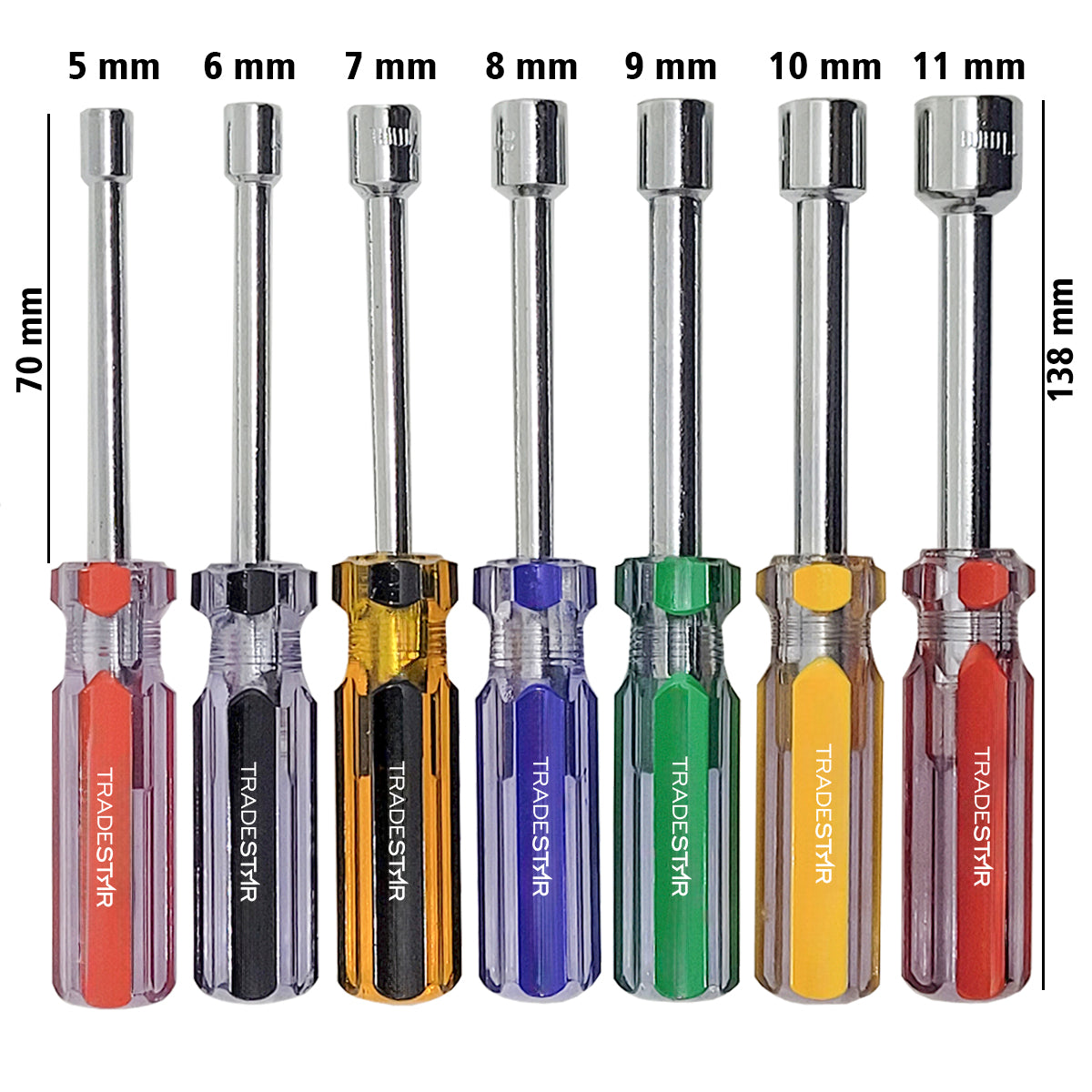 Kit Jogo Chave Canhão Sextavada Tradestar com 7 peças (5mm a 11mm) para parafusos. Conjunto de chaves com design ergonômico e cabo colorido, ideal para mecânicos e manutenção.