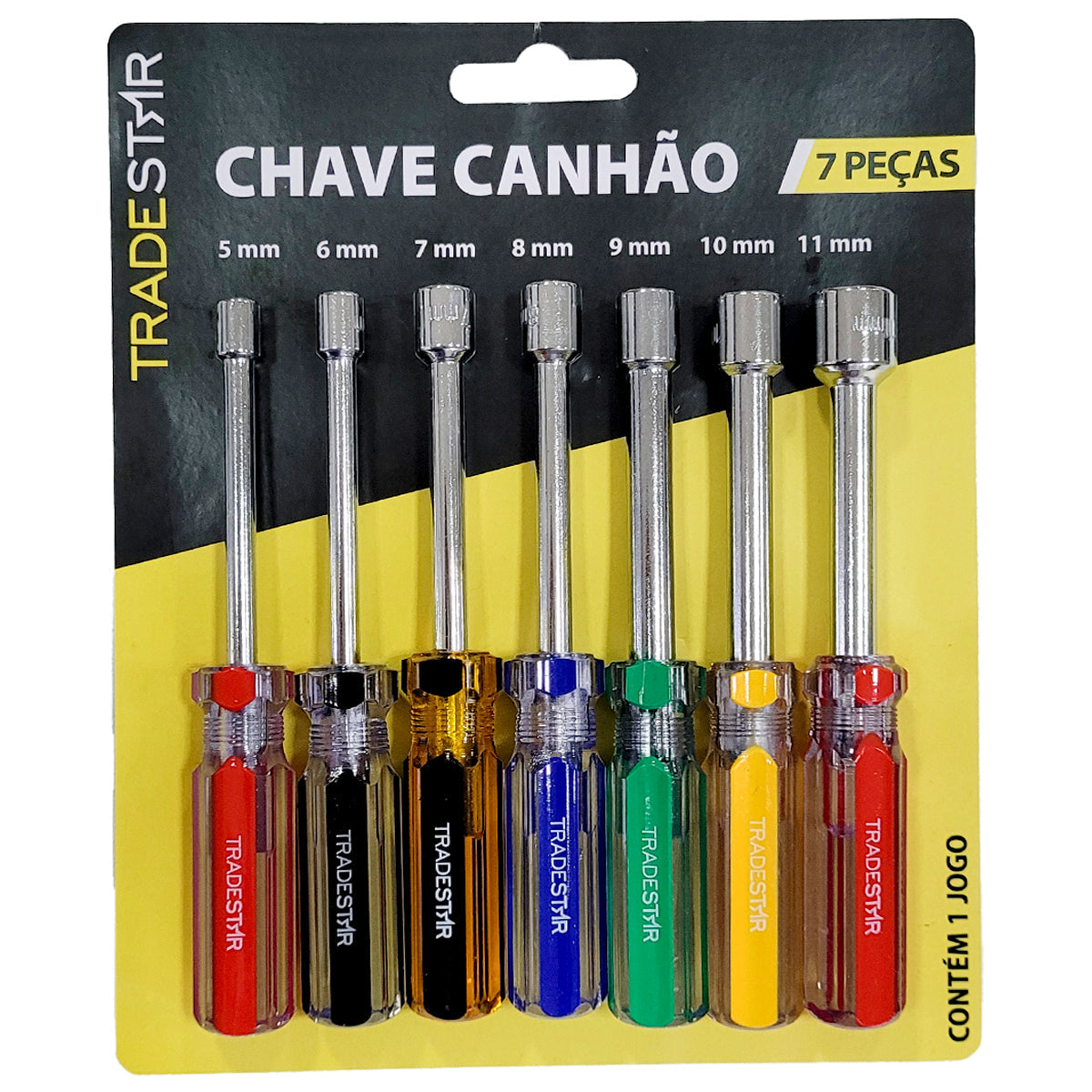 Kit Jogo Chave Canhão Sextavada 7 peças Tradestar, com tamanhos de 5mm a 11mm. Ideal para parafusos, design ergonômico e aço resistente. Ferramenta para mecânicos, eletricistas e uso doméstico.