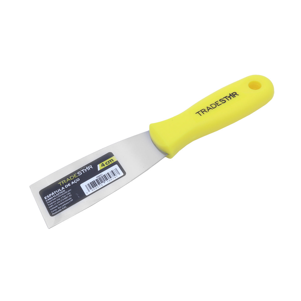 Espátula 4 cm Multiuso Tradestar com cabo amarelo de plástico, ideal para pintura, gesso e drywall. Ferramenta de aço durável para trabalhos precisos e acabamentos impecáveis. Perfeita para aplicação de massas e projetos de artesanato.