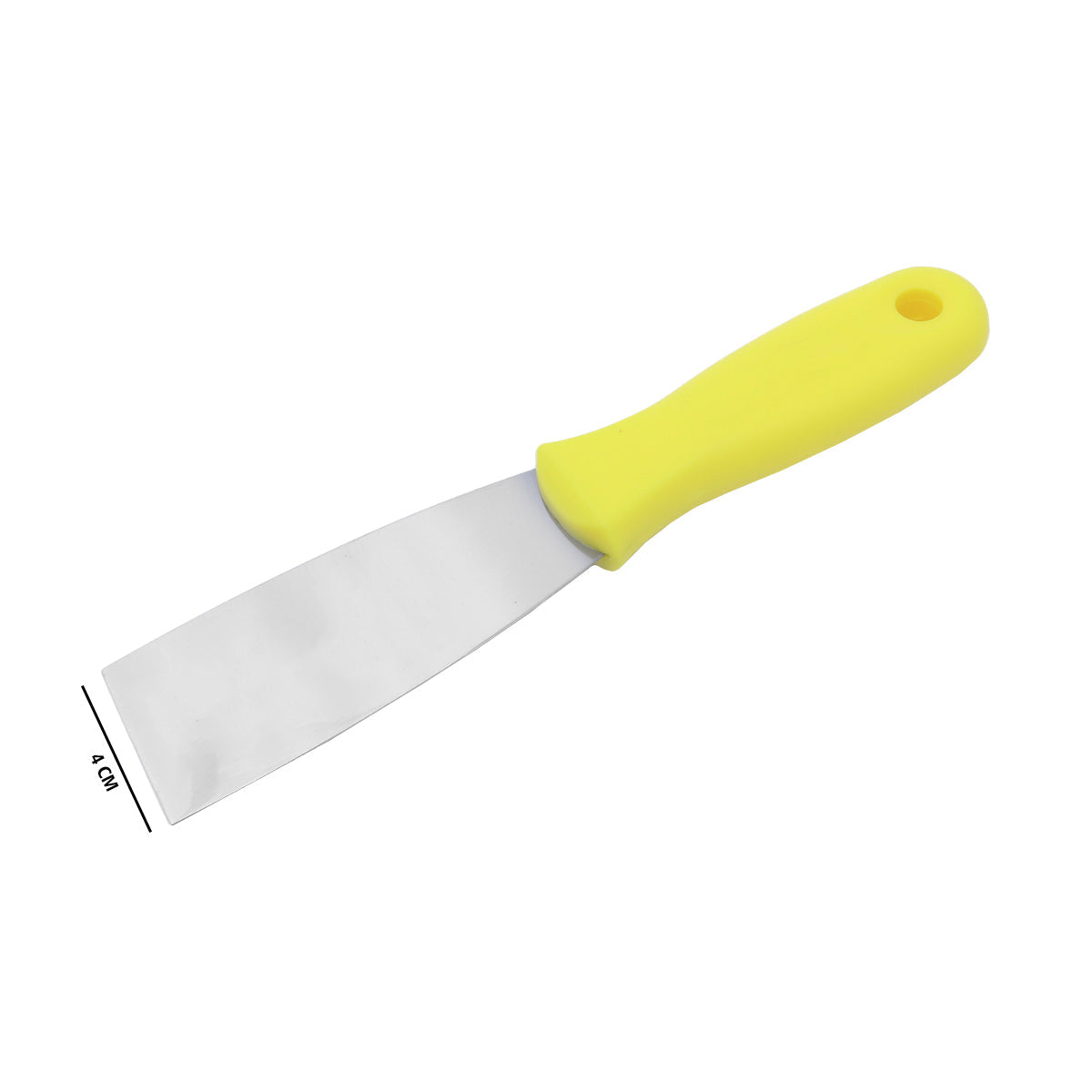 Espátula 4 cm Multiuso Tradestar para pintura, gesso e drywall. Lâmina de aço e cabo ergonômico amarelo. Ferramenta ideal para trabalhos detalhados e acabamentos precisos em projetos de construção e artesanato.